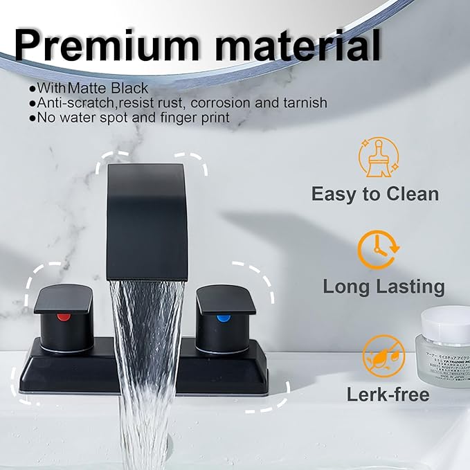 IKEBANA Modern 2 Handle Waterfall Bathroom Faucet, Matte Black, Stainless Steel, Lead-Free, 4 inches Centerset, Includes Pop Up Drain and Supply Hoses