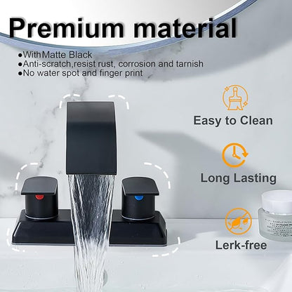 IKEBANA Modern 2 Handle Waterfall Bathroom Faucet, Matte Black, Stainless Steel, Lead-Free, 4 inches Centerset, Includes Pop Up Drain and Supply Hoses