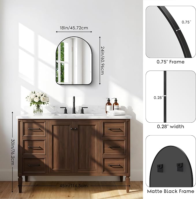 BONEWEI Arched Wall Mirror,18x24 inch Black Arched Mirror Bathroom,Vanity Mirror for Over Sink Metal Frame,Tempered Glass Arch Mirrors for Bedroom,Entryway,Living Room,Home Decor Shatter-Proof