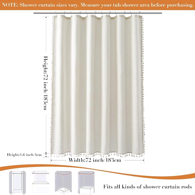 Natural Boho Linen Shower Curtain 76 Inches Long Boho Cute Tassel Design Cloth Bath Curtain Set with Hooks Modern Neutral Vintage Country Decor for Bathroom Water Repellent 72x76, Cream
