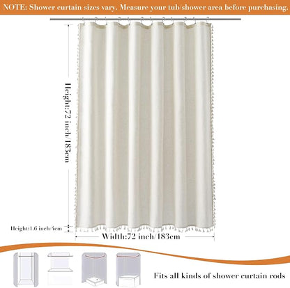 Natural Boho Linen Shower Curtain 76 Inches Long Boho Cute Tassel Design Cloth Bath Curtain Set with Hooks Modern Neutral Vintage Country Decor for Bathroom Water Repellent 72x76, Cream