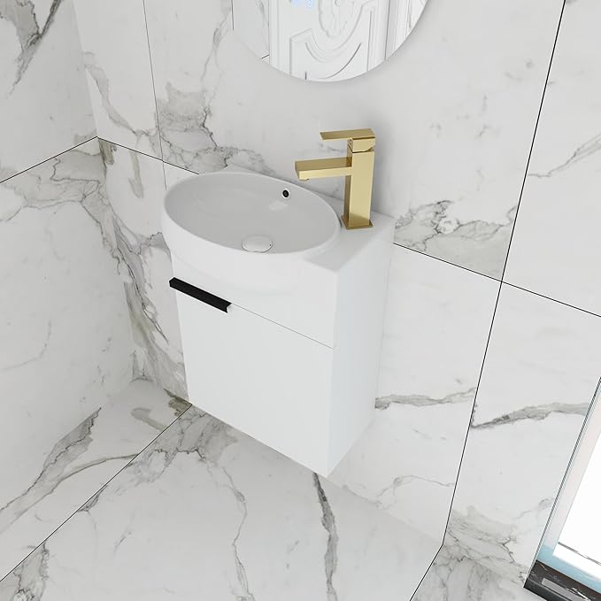 16 Inch Floating Vanity with Sink, 16'' Wall Mounted Bathroom Cabinet for Small Bathrooms, Ceramic Basin & Soft-Closed Door, White Modern Vanity Set