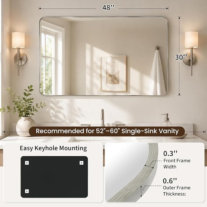 30x48 Inch Brushed Nickel Rounded Rectangle Bathroom Vanity Mirror | For Over-Sink Bathrooms, Corrosion-Resistant Aluminum Frame, Slim Front Profile, Vertical or Horizontal Layout
