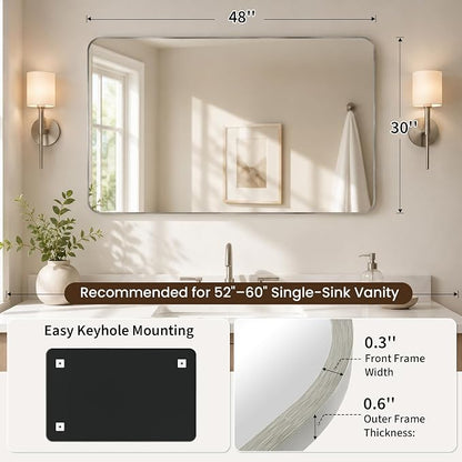 30x48 Inch Brushed Nickel Rounded Rectangle Bathroom Vanity Mirror | For Over-Sink Bathrooms, Corrosion-Resistant Aluminum Frame, Slim Front Profile, Vertical or Horizontal Layout