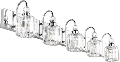 Ralbay Modern LED Crystal Bathroom Vanity Lights 5-Lights Stainless Steel Crystal Vanity Lights Over Mirror Modern Crystal Bathroom Vanity Lighting Fixtures