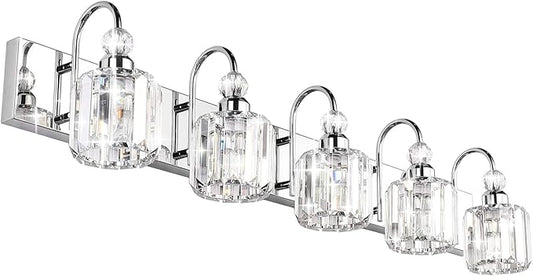 Ralbay Modern LED Crystal Bathroom Vanity Lights 5-Lights Stainless Steel Crystal Vanity Lights Over Mirror Modern Crystal Bathroom Vanity Lighting Fixtures