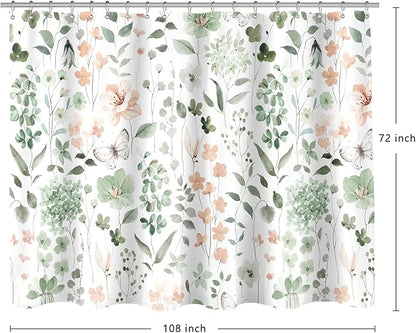 Extra Wide Flower Shower Curtain 108 x 72, Sage Green Flower Shower Curtains for Claw Foot Tub, Modern Watercolor Floral 108 inch Long Shower Curtain Set with 18 Pack Plastic C-Hooks