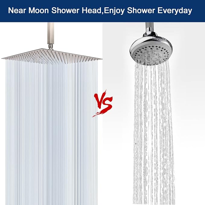 NearMoon Rain Shower Head With Shower Arm, Ceiling Mount Square Shower, Stainless Steel Ceiling Rainfall Showerhead- Waterfall Full Body Coverage (16 Inch, Brushed Nickel)