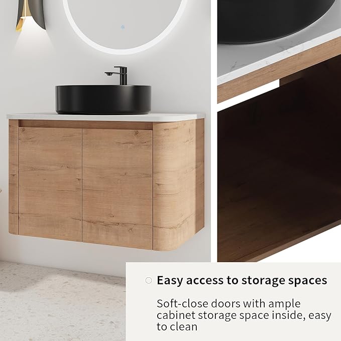 LKTART 30 Inch Floating Bathroom Vanity with Sink, Modern Wall Mounted Bathroom with Soft Close Door, Black Round Ceramic Basin and Sintered Stone Top
