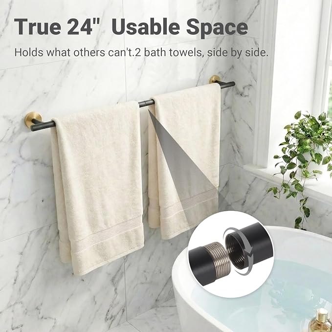 5-Piece Black Gold Bathroom Hardware Set, SUS304 Stainless Steel Wall Mounted Bathroom Accessories, 24 Inch Towel Bar, Towel Ring, Toilet Paper Holder, 2 Hooks, Rustproof Modern Bathroom Fixtures