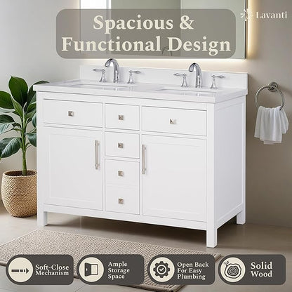 Lavanti Oakford 48 Inch Bathroom Vanity with Sink – Stylish White Vanity Bathroom with Storage Cabinet – Modern Bathroom Vanities with Double Vanity Sink & Quartz Countertop