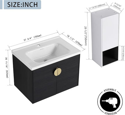 28 Inch Bathroom Vanity with Sink, 28'' Floating Bathroom Vanity with Sink Combo,Modern Wall Mounted Cabinet Set with 12'' Side Cabinet Combo,Black