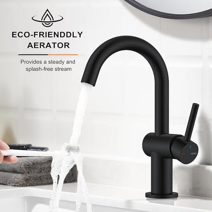 Matte Black Bathroom Faucet Single Handle, Single Hole Vanity Faucet | Bathroom Sink Faucet with Pop Up Drain & 6 Inch Deck Plate, Lead-Free cUPC & NSF Certified, 1 Handle Faucet for Vanity RV Bar