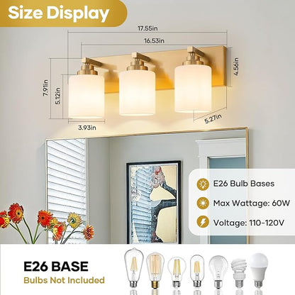 Vanity Lights for Bathroom, 3-Light Brushed Gold Bathroom Vanity Light Over Mirror with Milky White Glass Shades, Modern Bathroom Light Fixtures for Living Room Hallway Cabinet (Bulbs Not Included)
