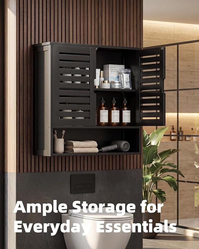 SMIBUY Bathroom Cabinet Wall Mounted, Bamboo Over-The-Toilet Storage Organizer, Space Saver Medicine Cabinet with 2 Door and Adjustable Shelves (Black)