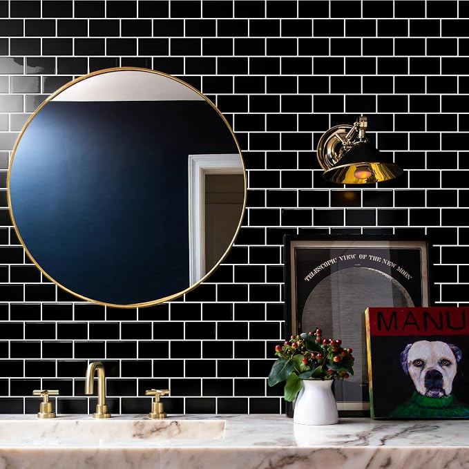 STICKGOO Subway Tile Peel and Stick Backsplash, Thicker Design 12" x 12" Stick on Backsplash Tiles for Kitchen, Bathroom, Wall Tile (5 Sheets, Black)