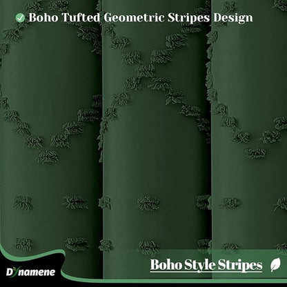 Extra Long Boho Shower Curtain Tufted Geometric 72"x84" Dark Green | 84 Inch Tall, Elegant Tassel, Lightweight Textured Fabric, Water Repellent, Washable, Hotel Spa, for Bathroom/Dorm 12 Hooks