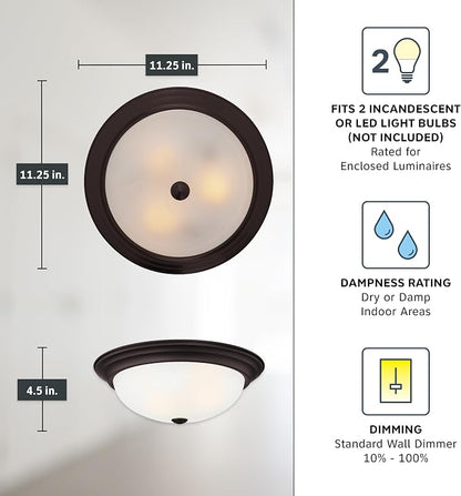 DESIGNERS FOUNTAIN Reedley 2-Lights Flush Mount Ceiling Light, 11 Inch Lighting Fixture for Kitchen, Bedroom, Bathroom, and Hallway, Oil Rubbed Bronze with Etched Glass, 1257S-ORB-W