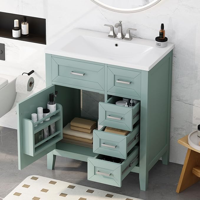 30 Inch Bathroom Vanities with Undermount Ceramic Sink, Storage Cabinet with Soft Closing Doors, Three Drawers and Organizer Rack Shelf, Solid Wood Frame, Green