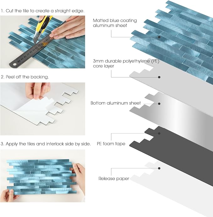 12-Sheet Blue Peel and Stick Backsplash, Brushed Metal Subway Backsplash Linear Tile Stick on Wall Tiles for Kitchen Bathroom Fireplace
