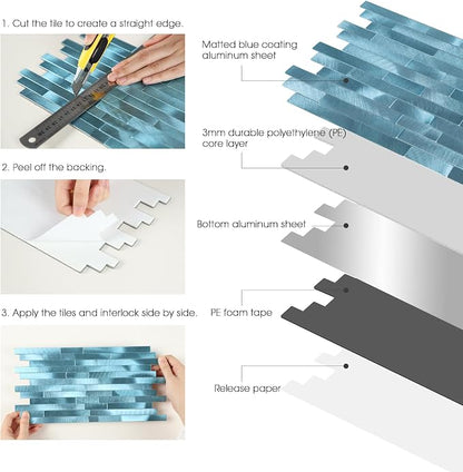 12-Sheet Blue Peel and Stick Backsplash, Brushed Metal Subway Backsplash Linear Tile Stick on Wall Tiles for Kitchen Bathroom Fireplace
