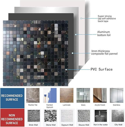 10 Sheets Peel and Stick Backsplash Tile for Kitchen, Self-Adhesive Mosaic Tile, Stick on Bathroom Vanities，Fireplace Décor, Laundry Table(12" X 12") (Black Printing)
