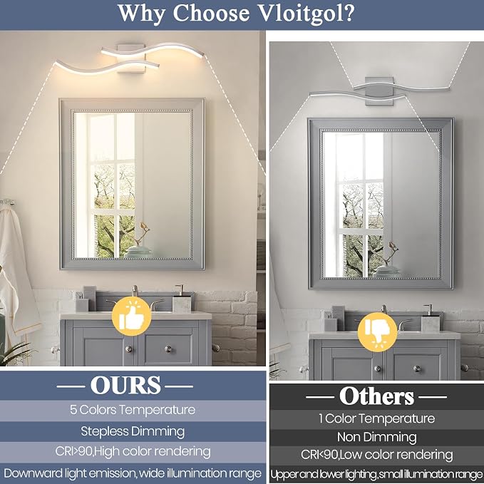 2 Pcaks Nickel Bathroom Vanity Light Fixture, 24in 5CCT Dimmable Modern Led Bathroom Light Fixtures Over Mirror, 26W LED Vanity Lighting Bar for Bathrooms (Brushed Nickel,2 Packs, 24inch)