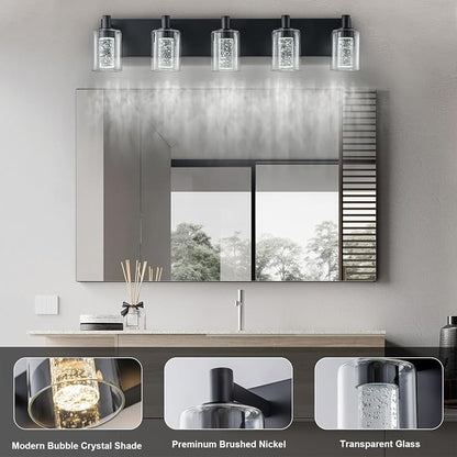 SineRise Vanity Light with 3 Color Modes (3000K/4000K/6000K), Eye Protection LED Bathroom Light Fixture, Dimmable Modern Wall Light Over Mirror with Clear Glass Shade (Black, 5-Light)