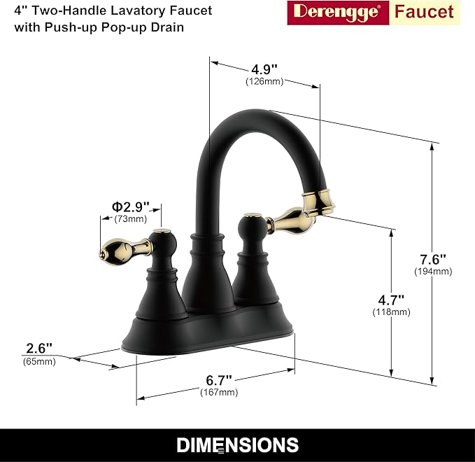Two Handle Bathroom Sink Faucet,3 Hole with Overflow Pop up Drain, 360° Swivel Spout 4 Inch Centerset Lavatory Faucet,Matte Black with Polished Brass Trim Finished,F-4501-MG