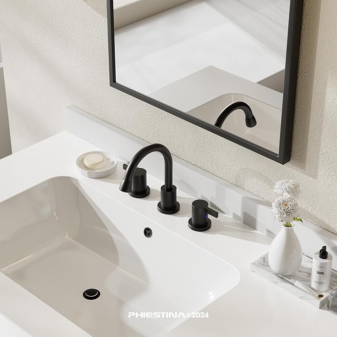 Phiestina Pull Down Sprayer Matte Black Widespread Bathroom Sink Faucet, 8 Inch 2 Handles 3 Hole Pull Out Bathroom Faucet，with Metal Pop-Up Drain and Water Supply Line，BF04012-K01-MB