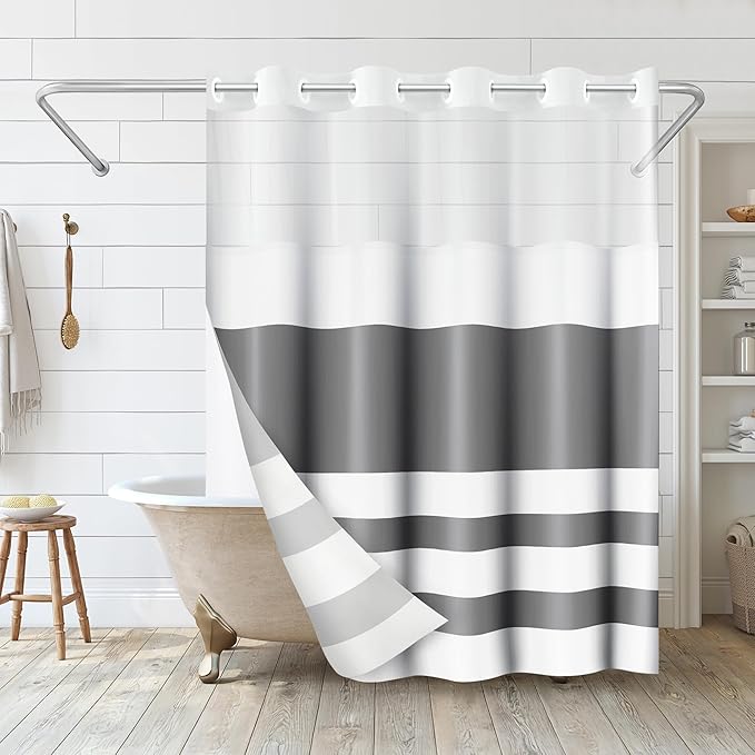 Americanflat 72x75 Hookless Shower Curtain - Water-Resistant Striped Shower Curtain with Sheer Panel, Snap-in Liner, and Durable Grommets - 100% Polyester - Grey and White