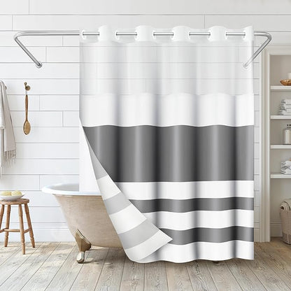 Americanflat 72x75 Hookless Shower Curtain - Water-Resistant Striped Shower Curtain with Sheer Panel, Snap-in Liner, and Durable Grommets - 100% Polyester - Grey and White