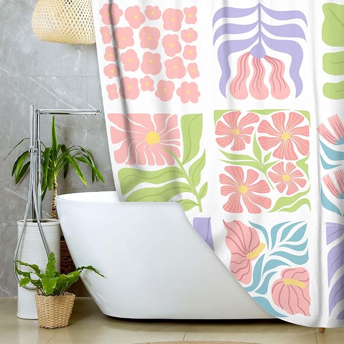 JAWO Cute Boho Floral Shower Curtain, Colorful Abstract Floral Retro Aesthetic Shower Curtain for Bathroom, Funky Unique Waterproof Fabric Polyester Bath Curtains Decor with Hooks,70Wx78H