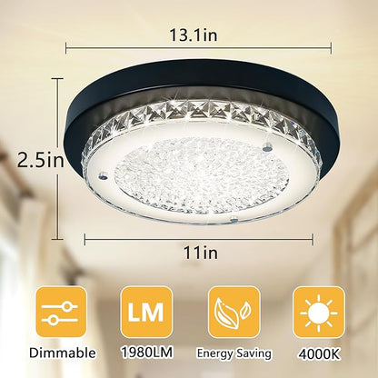 Black Flush Mount Ceiling Light Fixture 13" Hallway Light Fixtures Ceiling Crystal LED Bathroom Dimmable Bedroom Lights for Ceiling