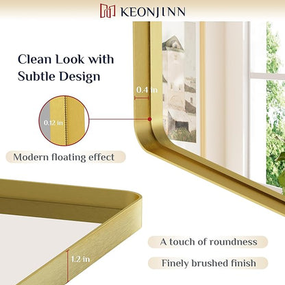 Keonjinn Gold Mirrors for Bathroom Sink, 30 x 36 Inch Rounded Rectangle Brushed Brass Mirror, Metal Framed Rectangular Wall Mirror, HD Tempered Glass Modern Decorative Mirror(Horizontal/Vertical)