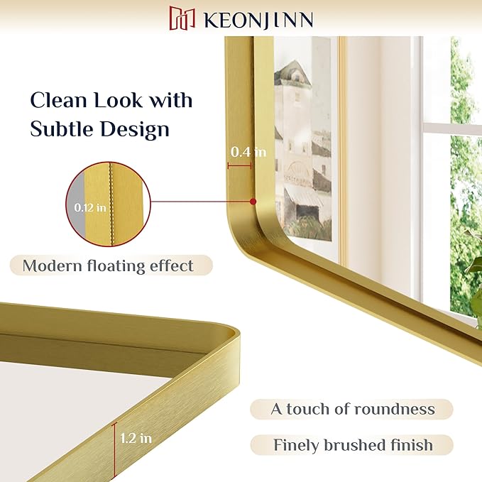 Keonjinn Gold Bathroom Vanity Mirror 48 x 36 Inch Large Rounded Rectangle Vanity Mirror, Brushed Brass Wall Mirror with HD Tempered Glass, Modern Decorative Gold Framed Mirror(Horizontal/Vertical)