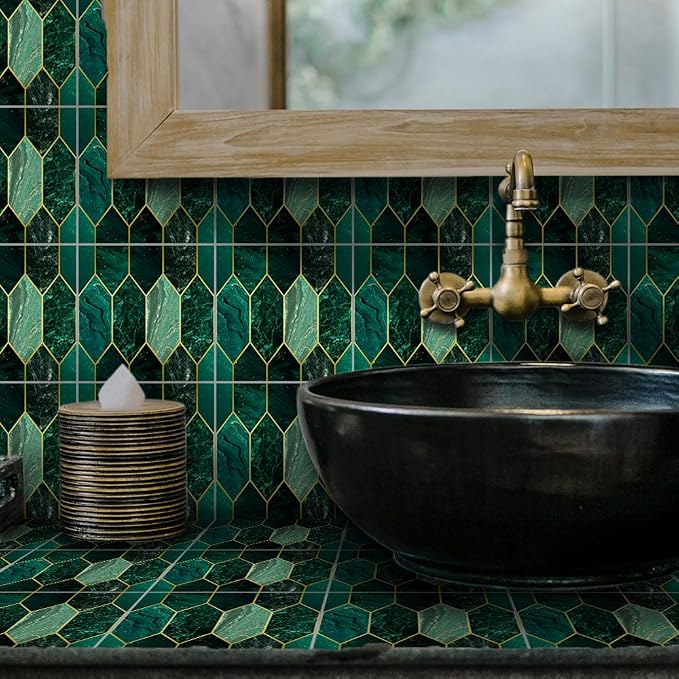 funlife Holographic Emerald Art Deco Peel and Stick Backsplash Self-Adhesive PVC Wall Tiles Easy DIY with Tools for Kitchen Bathroom and Laundry Room 5.9"x5.9"x10-Sheet Hex Emerald