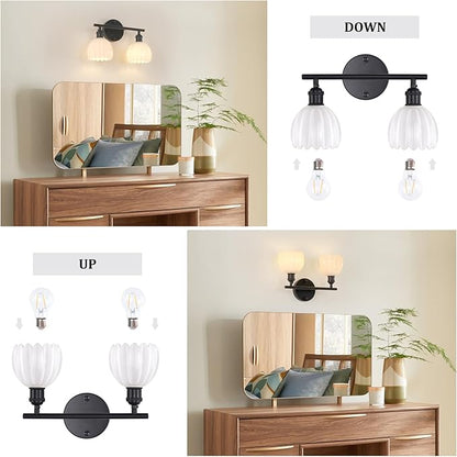 Bathroom Light Fixtures, 2-Light Black Vanity wall Light Over Mirror with White Tulip Glass Shade for Bedroom Living Room (Bulb Not Included)