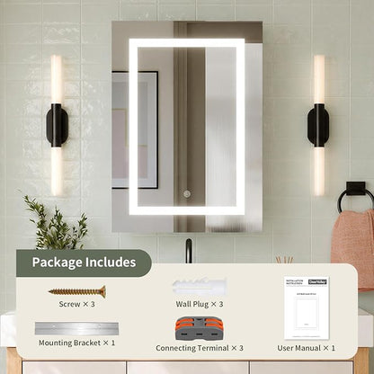 DeerValley LED Lighted Bathroom Medicine Cabinet with Mirror, 20''x28'' | Wall Mounted Mirror Cabinet with Socket, Dimmable Light, Anti-Fog, Adjustable Shelf, DV-1MC0498