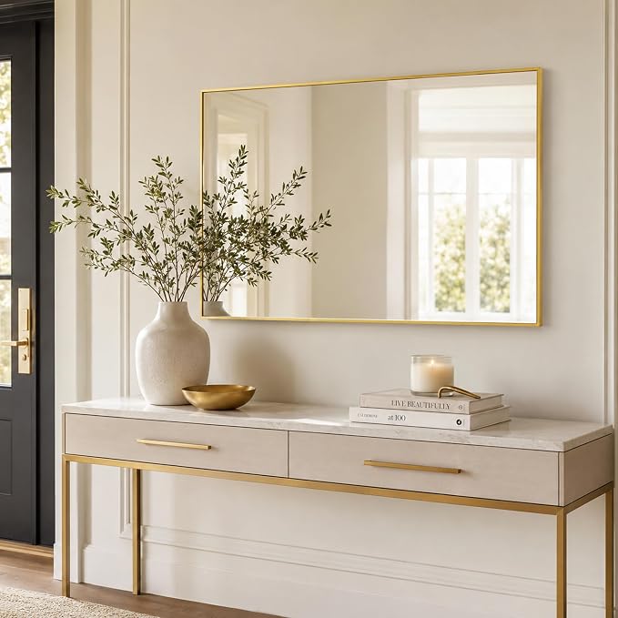 36"x24" Brushed Gold Framed Rectangle Bathroom Vanity Wall Mirror | Over-Sink Vanity Mirror, Slim Metal Frame, Entryway or Dresser Use, Vertical/Horizontal Mount, Tempered Glass