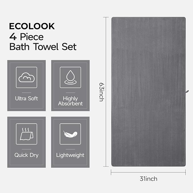 ecolook Microfiber Bath Towels Set of 2, 31 x 63 Inch Extra Large Bath Towel Set, Super Soft & Highly Absorbent, Quick Dry Lightweight Towels for Bathroom, Gym, Spa, Pool & Travel, Dark Gray