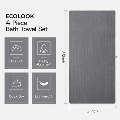 ecolook Microfiber Bath Towels Set of 2, 31 x 63 Inch Extra Large Bath Towel Set, Super Soft & Highly Absorbent, Quick Dry Lightweight Towels for Bathroom, Gym, Spa, Pool & Travel, Dark Gray