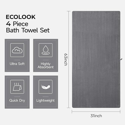 ecolook Microfiber Bath Towels Set of 4, 31 x 63 Inch Extra Large Bath Towel Set, Super Soft & Highly Absorbent, Quick Dry Lightweight Towels for Bathroom, Gym, Spa, Pool & Travel, Camel & Gray