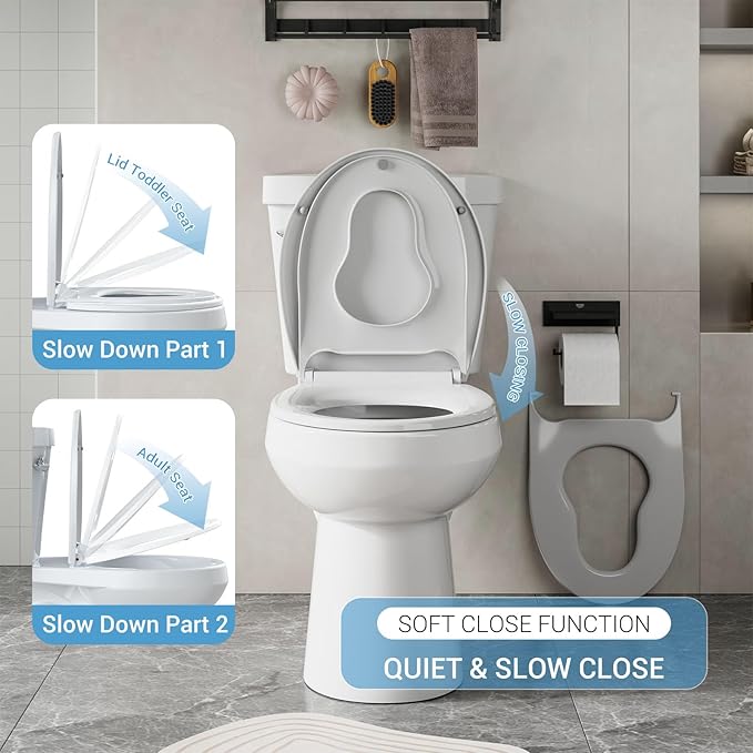 Round Toilet Seat with Built-in Toddler Seat, Potty Training Family Toilet Seat for Adults & Kids, Quick Release Hinges,Soft Slow Close, Non-Slip Design, White, Fits Standard Round Toilets