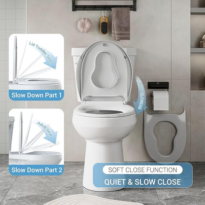 Round Toilet Seat with Built-in Toddler Seat, Potty Training Family Toilet Seat for Adults & Kids, Quick Release Hinges,Soft Slow Close, Non-Slip Design, White, Fits Standard Round Toilets