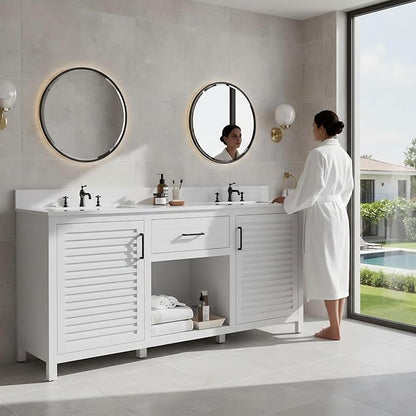 72" White Double Sink Bathroom Vanity with Quartz Countertop | Pre-Assembled Freestanding Bathroom Vanity Cabinet with Dual cUPC Ceramic Basins & Soft Close Doors