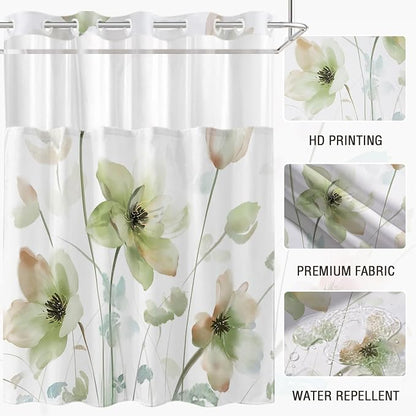 No Hook Shower Curtain and Liner Set, Light Green Floral 71x74 | Watercolor Boho Flower, with Snap in Liner, Mesh Top Window, Waterproof, Machine Washable, Quick-Drying, for Hotel Bathroom