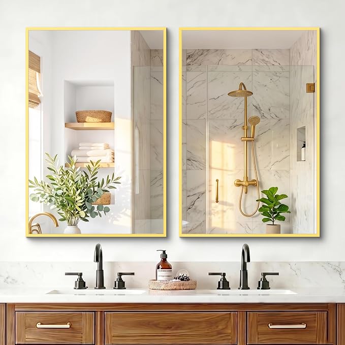 Bathroom Mirror for Wall, 36"x24" Gold Vanity Mirror | Sturdy Rectangular Metal Frame, HD Tempered Glass, Hangs Horizontally or Vertically in Bedroom, Living Room, Entryway