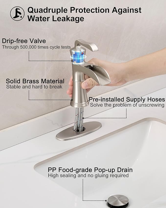 Brass Waterfall Bathroom Faucets Brushed Nickel, Single Hole Bathroom Faucet, 4 Inch 3 Hole Bathroom Sink Faucet Single Handle with Deck Plate, Pop-up Drain and Supply Hoses