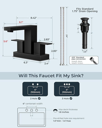 FORIOUS Black Bathroom Faucet Centerset 2 Hole, Square 4 Inch Matte Black Centerset Bathroom Sink Faucet 2 Handle with Metal Pop Up Drain, 24" CUPC Hose and Spare Water Saving Aerator